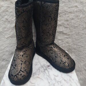 UGG Australia Classic Tall Women'sGold Floral Print Black Shearling Winter Boots